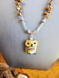 Owl Necklace Art Glass with Apatite & Petal Pearls Sterling Silver