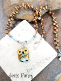 Owl Necklace Art Glass with Apatite & Petal Pearls Sterling Silver