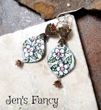 Floral Enameled Art Earrings Sterling Silver & Brass