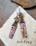 Floral Enameled Art Earrings Sterling Silver & Brass with Amethyst
