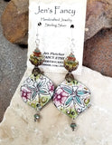 Dragonfly Enameled Earrings Floral Sterling Silver & Brass