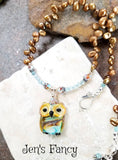 Owl Necklace Art Glass with Apatite & Petal Pearls Sterling Silver