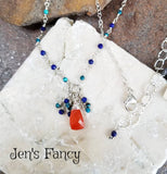 Carnelian Briolette Necklace Sterling Silver Wire Wrapped with Azurite & Lapis Lazuli