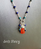 Carnelian Briolette Necklace Sterling Silver Wire Wrapped with Azurite & Lapis Lazuli