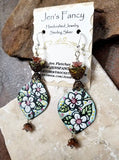 Floral Enameled Art Earrings Sterling Silver & Brass