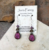 Purple Art Tile Earrings Brass & Amethyst Gemstone Sterling Silver
