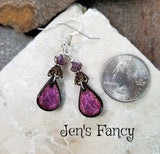 Purple Art Tile Earrings Brass & Amethyst Gemstone Sterling Silver