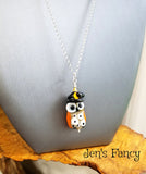 Unique Halloween Owl Necklace Sterling Silver Art Glass