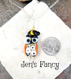 Unique Halloween Owl Necklace Sterling Silver Art Glass