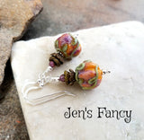 Halloween Pumpkin Earrings Art Glass Brass & Sterling Silver