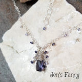 Iolite Gemstone Briolette Necklace Sterling Silver Wire Wrapped with Iolite Drops