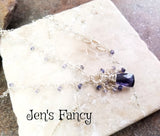 Iolite Gemstone Briolette Necklace Sterling Silver Wire Wrapped with Iolite Drops