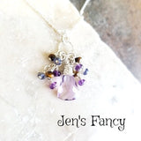 Amethyst Gemstone Cluster Briolette Necklace Sterling Silver Tiger Eye Iolite