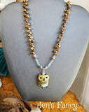 Owl Necklace Art Glass with Apatite & Petal Pearls Sterling Silver