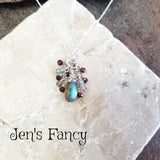 Labradorite Briolette Gemstone Cluster Necklace Sterling Silver with Garnet & Moonstone