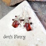 Garnet Briolette Gemstone Cluster Earrings with Pearls Sterling Silver