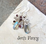 Labradorite Gemstone Briolette Earrings Sterling Silver Wire Wrapped with Moonstone & Garnet
