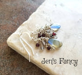 Labradorite Gemstone Briolette Earrings Sterling Silver Wire Wrapped with Moonstone & Garnet