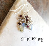 Labradorite Gemstone Briolette Earrings Sterling Silver Wire Wrapped with Moonstone & Garnet