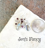 Labradorite Gemstone Briolette Earrings Sterling Silver Wire Wrapped with Moonstone & Garnet