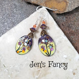 Floral Enameled Earrings Sterling Silver Amethyst & Sunstone Gemstone