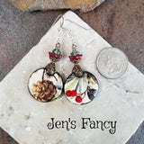 Long Porcelain Art Print Christmas Earrings Sterling Silver, Pinecone Earrings