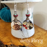 Long Porcelain Art Print Christmas Earrings Sterling Silver, Pinecone Earrings