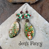 Long Christmas Tree Holly Earrings Sterling Silver Porcelain
