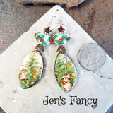 Long Christmas Tree Holly Earrings Sterling Silver Porcelain
