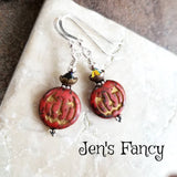 Czech Pumpkin Earrings Sterling Silver & Brass, Fall Autumn Jack-o'-Lantern Earrings