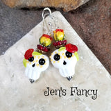 Sugar Skull Art Glass Earrings Sterling Silver Day of the Dead Dia de los Muertos Jewelry