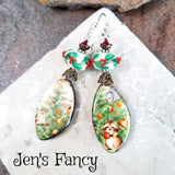 Long Christmas Tree Holly Earrings Sterling Silver Porcelain