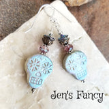 Czech Sugar Skull Earrings Sterling Silver & Brass