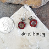 Red Czech Flower Earrings Sterling Silver & Brass Floral Jewelry