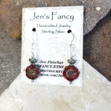 Red Czech Flower Earrings Sterling Silver & Brass Floral Jewelry