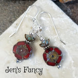 Red Czech Flower Earrings Sterling Silver & Brass Floral Jewelry
