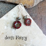 Red Czech Flower Earrings Sterling Silver & Brass Floral Jewelry