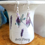 Fluorite Gemstone Earrings Sterling Silver Wire Wrapped with Amethyst