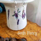 Fluorite Gemstone Earrings Sterling Silver Wire Wrapped with Amethyst