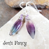 Fluorite Gemstone Earrings Sterling Silver Wire Wrapped with Amethyst