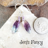 Fluorite Gemstone Earrings Sterling Silver Wire Wrapped with Amethyst