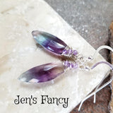 Fluorite Gemstone Earrings Sterling Silver Wire Wrapped with Amethyst