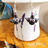 Halloween Bat Earrings Sterling Silver Art Glass with Black Tourmaline & Purple Ruby Natural Gemstones