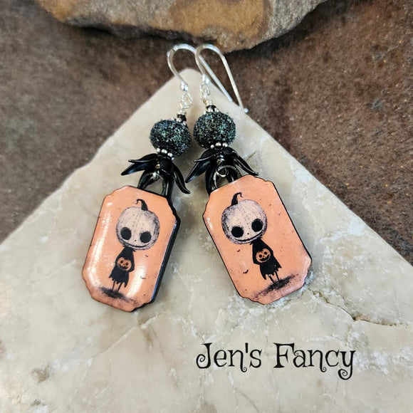 Pumpkin Head Porcelain Art Earrings Sterling Silver, Unique Fall Autumn Jewelry
