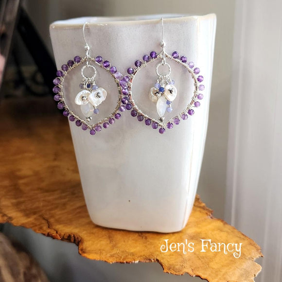 Amethyst Genuine Gemstone Earrings Sterling Silver Wire Wrapped Clusters with Moonstone and Tanzanite