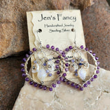 Amethyst Genuine Gemstone Earrings Sterling Silver Wire Wrapped Clusters with Moonstone and Tanzanite