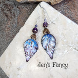 Enameled Leaf Earrings Sterling Silver with Amethyst & Iolite Gemstones