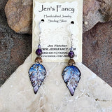 Enameled Leaf Earrings Sterling Silver with Amethyst & Iolite Gemstones
