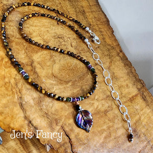Handcrafted Art Glass Leaf Gemstone Necklace with Tiger's Eye Sterling Silver