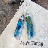 Long Chrysocolla Gemstone Earrings Sterling Silver Wire Wrapped with Moonstone
